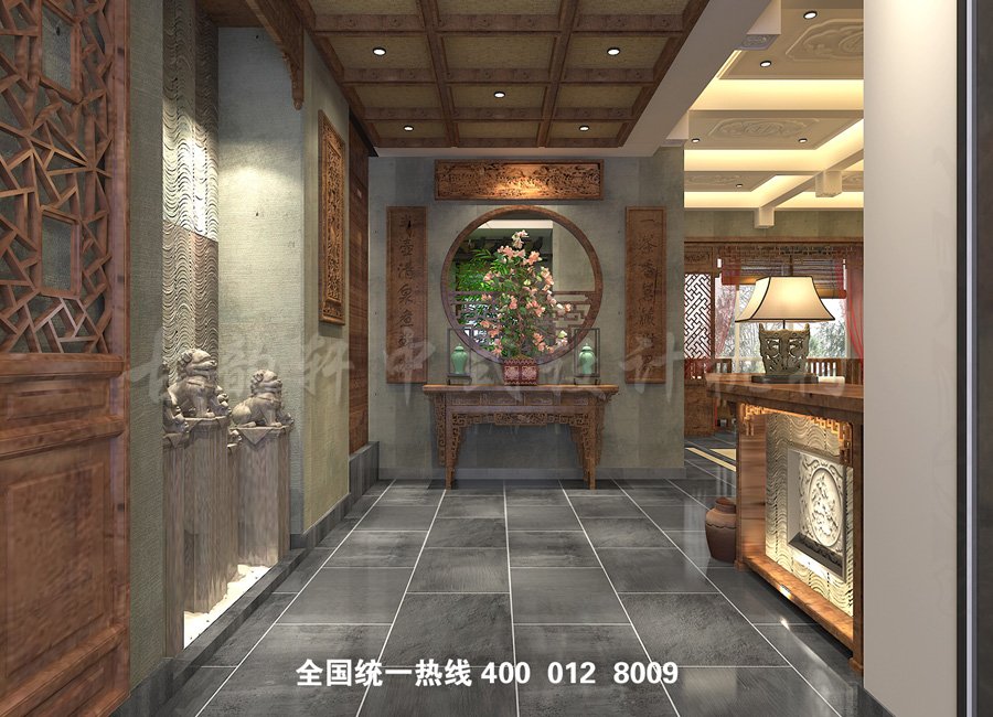 西安古典中式风格_养生会馆门厅装修效果图